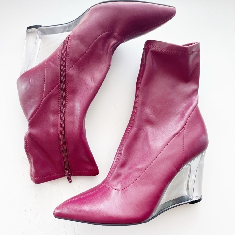 OPEN EDIT Ederika Burgundy Clear Wedge Faux Leather Ankle Boots NEW - Picture 4 of 9